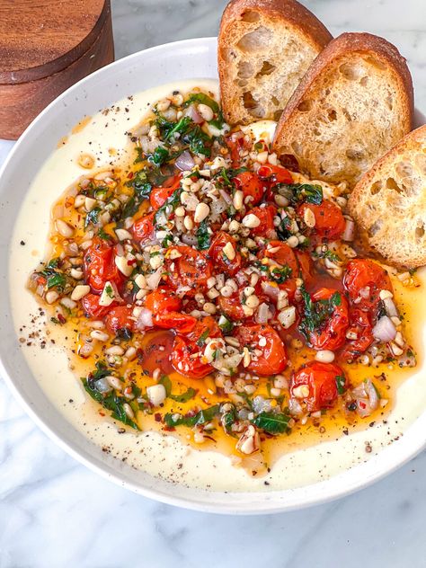 Whipped Feta Dip with Sizzling Shallot Oil & Roasted Tomatoes  - Everything Delish Everything Delish, Whipped Feta Dip, Plats Healthy, Feta Dip, Whipped Feta, Think Food, Tomato Recipes, Summer Dinner, Roasted Tomatoes