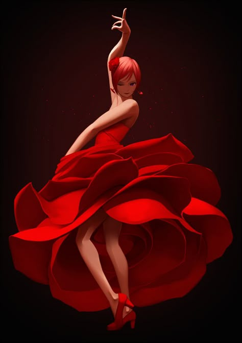 Nishikino Maki; by SubaruSumeragi, on Zerochan.net. Dancers Art, Flamenco Dancers, Dance Art, Rose Art, Dance Photography, 인물 사진, Anime Images, Black Background, Lady In Red