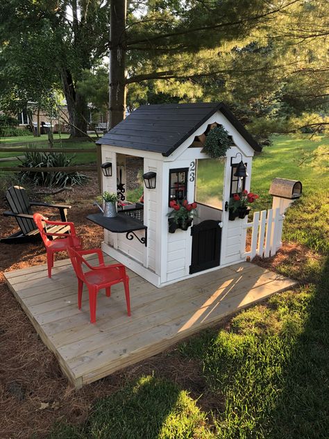 Outdoor Playhouse Floor, Backyard Discovery Playhouse, Toddler Playhouse Outdoor, Backyard Discovery Playhouse Makeover, Toddler Outside Play Area, Kids Play House Outdoor, Playhouse Upgrade, Playhouse Remodel, Outside Playhouse