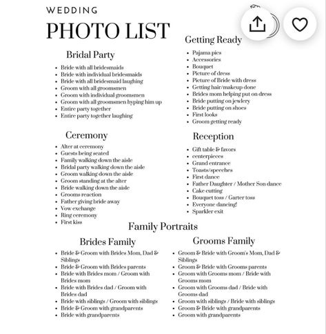 Wedding Picture Schedule, Wedding Day Photo Checklist, List Of Photos For Wedding Photographer, Wedding Photo Ideas For Photographers List, Photography List Wedding, Shred For The Wedding, Wedding Picture List Family, Wedding Photographer Schedule, Wedding Photography Itinerary