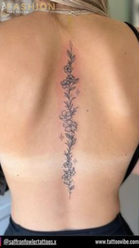 December Birth Flower Spine Tattoo, Floral Fine Line Spine Tattoo, Morning Glory Spine Tattoo, Spine Tattoo Flower, Honeysuckle Tattoo, Tattoo Font Styles, Feminine Back Tattoos, Flower Spine Tattoos, Female Tattoo Ideas