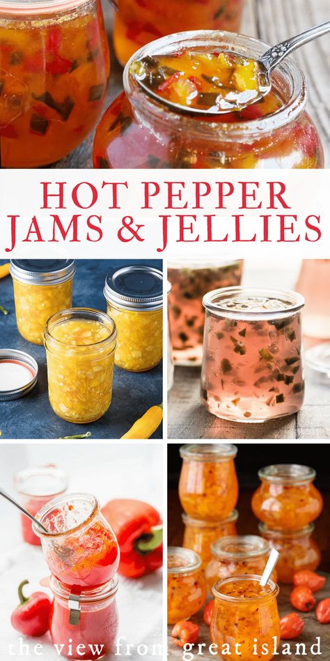 My favorite hot pepper jams and jelly recipes ~ #appetizer #canning #preserves #homemade #freezer #refrigerator #easy #jalapeno #habanero #pepper #jam #jelly Pepper Jelly Recipes, Jalapeno Jelly, Canning Jams, Hot Pepper Jelly, Home Canning Recipes, Jam Recipes Homemade, Homemade Jelly, Canning Jam, Canning Ideas