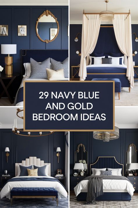 Navy blue and gold master bedrooms offer a sophisticated and calming aesthetic. Explore deep navy walls, gold accent furniture, and metallic bedding. Discover navy velvet headboards, gold-framed mirrors, and brass light fixtures.  Find inspiration for navy and gold throw pillows, gold geometric wall art, and plush navy carpets. Bedding For Navy Blue Walls, Blue Velvet Bedding Ideas, Navy And Gold Bedroom Ideas Inspiration, Bedroom With Brass Accents, Navy Gold Bedroom Ideas, Blue Gold And White Bedroom, Navy Bedroom Ideas Gold Accents, Navy Blue Bedding Ideas, Navy Headboard Bedroom