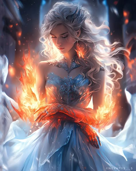 Fire And Ice Fantasy Art, Ice Magic Fantasy Art, Water And Fire Aesthetic, Fantasy Fire Kingdom, Fire And Ice Powers, Ice Kingdom Fantasy Art, Fire And Ice Drawing, Fire And Ice Aesthetic, Ice Queen Art