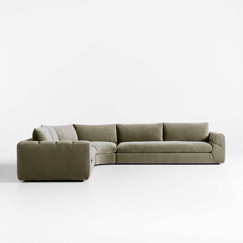 Cambria Olive Green Velvet 3-Piece Corner Wedge L-Shaped Sectional Sofa | Crate & Barrel Lshapesofa Living Room, Low Back Couch, Basement Sectional, Slipcovered Sectional Sofa, L Shape Couch, L Shaped Sectional Sofa, Sectional Sofa Slipcovers, Couches Living, Fireplace Room