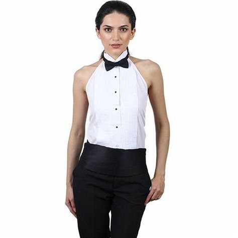 IMG_0772 | Tuxedo shirt wing collar bowtie | Ralloc | Flickr Women's Tuxedo, Tux Shirt, White Tux, Halter Shirt, Tuxedo Vest, Tuxedo Women, White Halter Top, Tuxedo Shirt, White Tuxedo