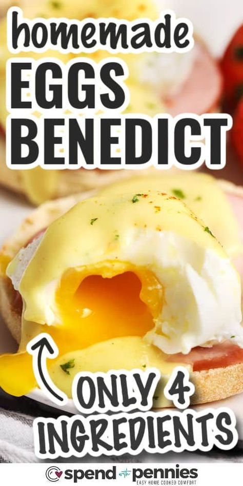 This homemade eggs benedict recipe is super easy yet elegant! With simple ingredients and 20 minutes, this fancy breakfast is the go-to dish for breakfast or brunch. Impress your guests or family with this delicious recipe. #eggsbenedict #eggsbenny #hollandaisesauce #spendwithpennies How To Make Eggs Benedict Easy, Egg Benedict Sandwich, Easy Egg Benedict Recipe, Best Egg Benedict Recipe, Creamed Eggs On Toast Recipes, What To Serve With Eggs Benedict, Homemade Eggs Benedict, Easy Eggs Benedict Casserole, How To Make Eggs Benedict