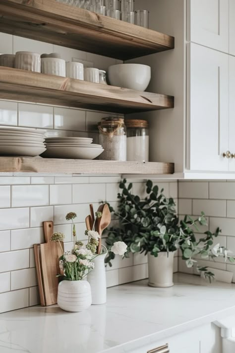 Exploring the top kitchen tile ideas that perfectly pair with white cabinets, enhancing style and functionality. This pin showcases ideal tiles for creating a beautiful kitchen. Farmhouse White Backsplash Kitchen, Kitchen Shelves Above Cabinets, White And Tan Backsplash Kitchen, Kitchen White Backsplash Tile, Kitchen Design Subway Tiles, White Kitchen With Shelves Ideas, Two Tone Backsplash Kitchen, Kitchen Floor And Backsplash Ideas, Kitchen Ideas White Cabinets Dark Floors