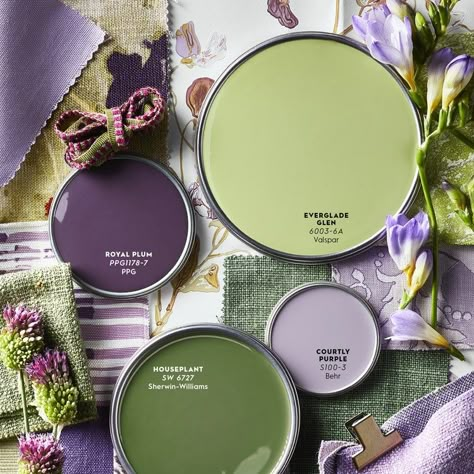 Lilac And Green Interior, Purple And Green Paint Palette, Green And Purple Apartment, Purple And Green Walls, Green Gold Purple Color Scheme, Purple And Green Kitchen Ideas, White And Purple Color Palette, Muted Purple Color Palette, Green And Purple Decor