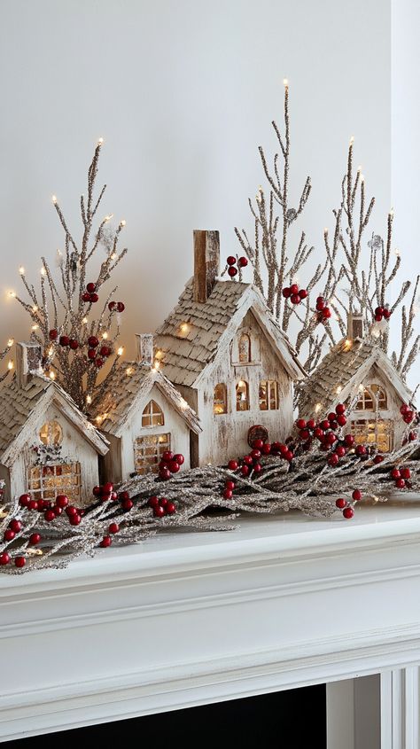 Christmas scene on a fireplace mantle featuring intricately carved wooden houses and trees with twinkling lights and red berries. Mantle Village Display, Nativity Christmas Decor Ideas, Natural Christmas Mantle Ideas, Winter Decor Ideas For The Home Living Rooms, Decorating Lanterns For Christmas, Xmas Decorations Living Room, Christmas Decor Ideas For Living Room Cozy, Christmas Decor Ideas For Living Room, Accent Lighting Living Room