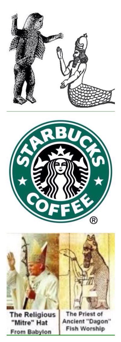 Why has no one noticed that a Coffee Co. has a logo that resembles the Dagon fish god and Vatican 'fish worship' symbolism? Because all corporations are bound and owned by the Vatican, that is where the concept of corporation was created. These corporations are then deposited as currency into the Bank of the City of London (another hidden entity), and redeemed as cash on the black market. The Banksters, the Queen of England and the Vatican are the Underworlds Holy Trinity) Starbucks Logo, Coffee, Stars, Green, White, Black