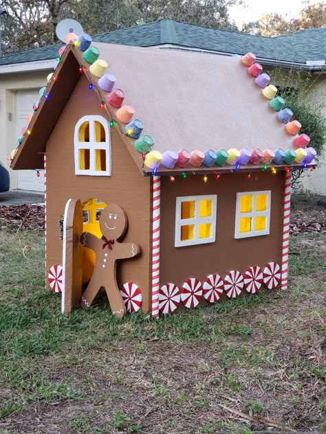 Ginger Bread House Out Of Card Board, Turn Home Into Gingerbread House, Ginger Bread House Parade Float, Diy Cardboard Gingerbread House For Kids, Diy Ginger Bread Houses Cardboard, Life Size Cardboard Gingerbread House, Cardboard Gingerbread Playhouse, Card Board Gingerbread House Ideas, Ginger Bread Christmas Decorations Ideas Diy