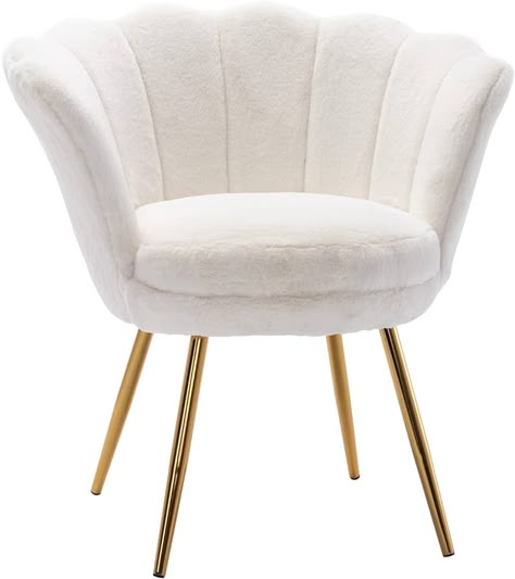 Amazon.com: chairus Living Room Chair, Faux Fur Mid Century Modern Retro Leisure Accent Chair with Golden Metal Legs, Vanity Chair for Bedroom Dresser, Upholstered Guest Chair(Soft White) : Home & Kitchen Gold Themed Bedroom, Vanity Ideas Bedroom, Cute Vanity, Desk Chair Comfy, Gold Bedroom Decor, Accent Chair Bedroom, White Chairs, New Room Ideas, Chair For Living Room