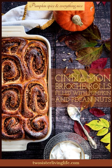 This is the perfect fall baking recipe if you love pumpkin recipes and cinnamon rolls. These yeasty cinnamon brioche rolls have a wonderful buttery taste and a sweet filling made of pumpkin, pumpkin spice, of course, and pecan nuts! #fallbaking #pumpkinrecipes #cinnamonrolls #brioche #pumpkin Cinnamon Brioche, Pumpkin Peel, Pecan Filling, Brioche Rolls, Fall Baking Recipes, Pecan Nuts, Cinnamon Recipes, Baking Recipe, Pumpkin Pumpkin