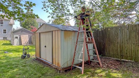 Metal Backyard Shed Makeover - At Charlotte's House Metal Garden Shed Ideas, How To Paint A Metal Shed, Shed Redo Ideas, Metal Shed Painting Ideas, Aluminum Shed Makeover, Old Metal Shed Makeover Ideas, Painting A Metal Shed, Painting Metal Shed, Paint Shed Ideas