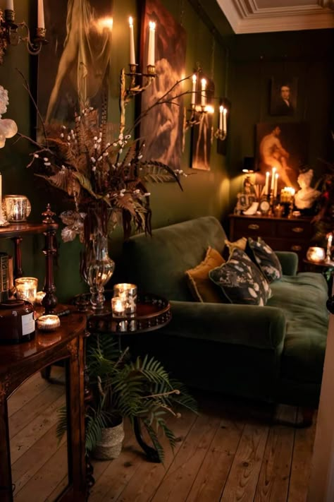 Olive Green Boho Living Room, Moody Gothic Living Room, Black And Emerald Green Living Room, Moody Living Room Green Couch, Dark Green Moody Living Room, Dark Green Lounge Ideas, Green Gothic Living Room, Dark Moody Interior Design, Green Living Room Aesthetic