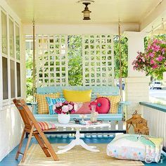 Pretty yet practical, porch swings are a fun addition to any outdoor area. Family and friends of all ages will enjoy curling up with a good book or gently rocking to the summer breeze. Add extra appeal to your porch swing with a bright coat of paint -- plus some funky throw pillows -- to welcome guests before they even step through the door. Veranda Design, Porch Kits, Porch Design Ideas, Building A Porch, Front Porch Design, Summer Porch, Small Front Porches, Backyard Porch, Front Porches