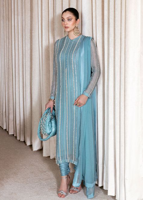 Pearl Outfit, Hussain Rehar, Blue Organza, Luxury Pret, Organza Shirt, Pakistani Dresses Casual, Pakistani Fashion Party Wear, Pakistani Fancy Dresses, Beautiful Pakistani Dresses