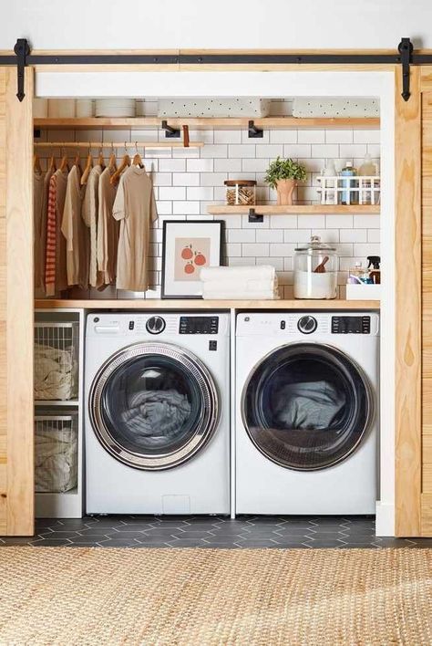 Small Walk In Closet Ideas With Washer And Dryer, Hidden Laundry, Garage Laundry, Laundry Room Closet, Laundry Room Renovation, Laundry Room Remodel, Laundry Room Inspiration, Laundry Room Cabinets, Laundry Closet