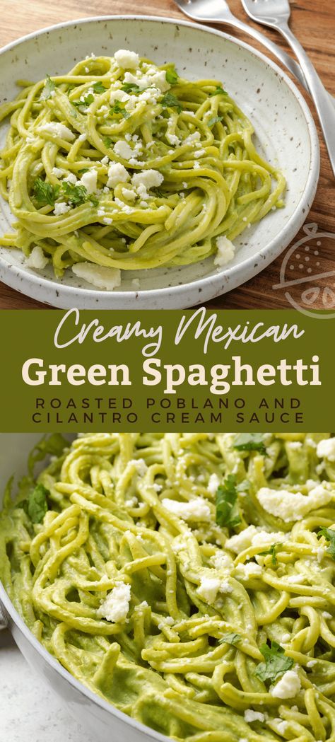 Green Chile Spaghetti, Creamy Chile Verde Sauce, Pablano Pepper Spaghetti, Easy Group Food Ideas, Spaghetti Poblano Recipe, Green Noodles Pasta, Pablano Pepper Pasta, Chile Poblano Pasta, Poblano Pepper Sauce