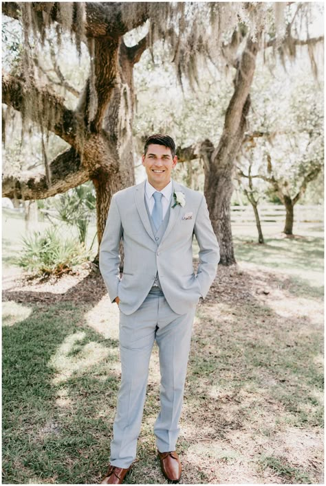 Dusty Blue Wedding Men, Tan Suit Light Blue Tie, Gray Suits For Men Wedding Dusty Blue, Dusty Blue Groom Attire, Light Gray Suit Blue Tie, Light Grey Suit With Dusty Blue Tie, Groom Attire Light Blue, Light Grey And Dusty Blue Groomsmen, Light Grey Groomsmen Attire