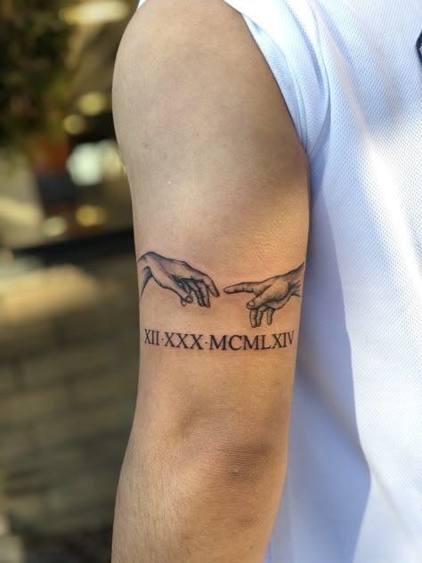 Text Tattoo Placement Men, Small Upper Arm Tattoos For Guys, Tricep Tattoos Men, Grandpa Tatoos, Tatoos Men Small Arm, Tattoo Ideas Tricep, Tattoo Spots For Guys, Men Tricep Tattoo, Small Bicep Tattoo Men