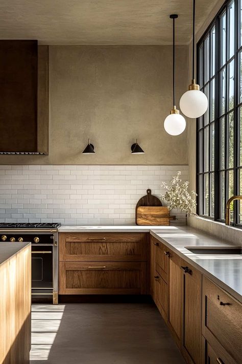 Long Kitchen One Wall, Modern Old Kitchen, Modern Spanish Cottage, Wood Grain Tile Kitchen, French Mediterranean Kitchen, Kitchen Design Mediterranean, Modern Cottage Kitchen Ideas, Home Renovation Aesthetic, Midcentury Kitchen Ideas