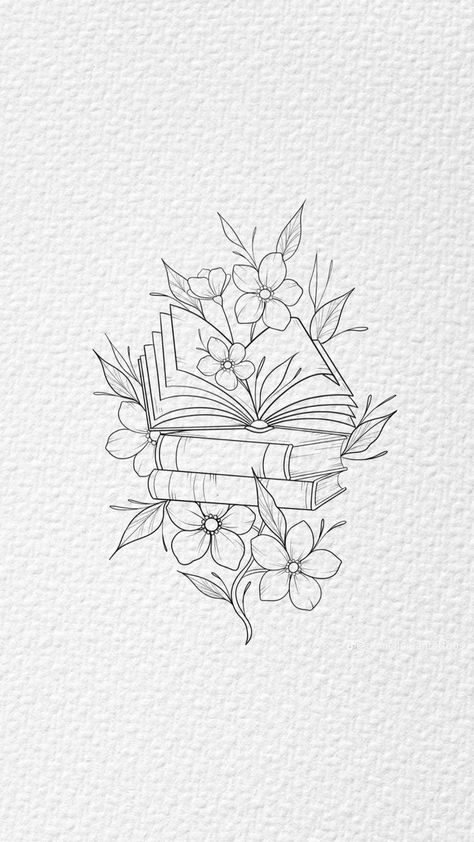 Drawings Of Books Stacked, Plants And Books Tattoo, Sunflower And Books Tattoo, Floral Book Tattoo Design, Fan Art Booktok, Floral Tea Cup Tattoo, Book Mark Tattoo, Education Tattoo Ideas Teachers, Flower Bed Tattoo