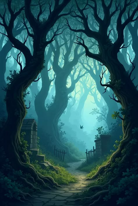 Scary Background Drawing, Background Forest Illustration, Dark Forest Concept Art, Dark Forest Illustration, Dark Forest Core, Book Mural, Scary Cartoon, Celtic Forest, Dnd Locations