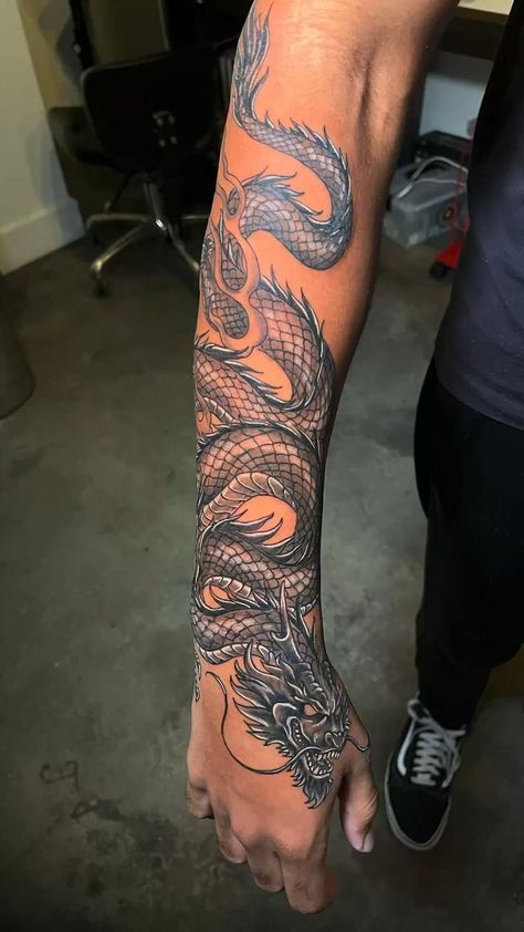 Dragon Tattoo That Wraps Around Arm, Men’s Dragon Sleeve Tattoo Ideas, Chinese Dragon Wrapped Around Arm Tattoo, Arm Sleeve Tattoo Ideas For Men, Men’s Dragon Tattoo, Hand Arm Tattoo For Men, Dragon Forearm Tattoos Men, Tattoo Inspiration Men Sleeve, Dragon Tattoo Sleeve For Men