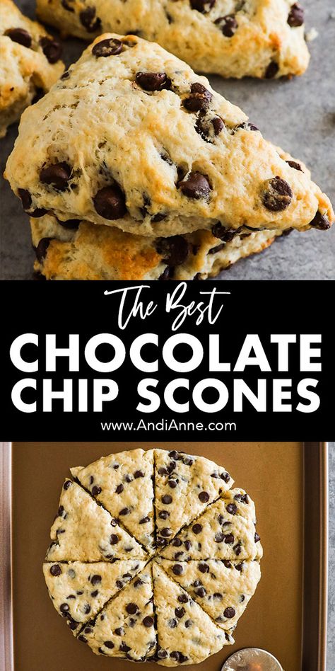 These chocolate chip scones are truly the perfect brunch addition! Made with an easy homemade dough and piled with delicious chocolate chips, these scones are golden brown on the outside and tender flaky on the inside. Espresso Chocolate Chip Recipes, Dark Chocolate Scones Recipe, Chocolate Chips Scones Recipe, Chocolate Chip Breakfast Recipes, Nutella Scones Recipe, Heavy Cream Scones, Breakfast Scones Easy, Chocolate Chips Scones, Recipes That Use Chocolate Chips