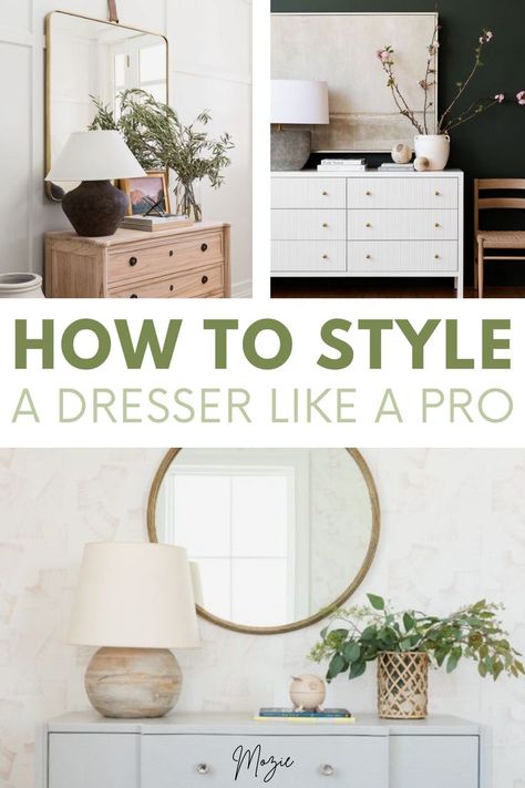 We're showing you exactly how to style a dresser six different ways! This is seriously the cutest dresser decor! Styling Dresser In Living Room, Decor On Dresser Top, Wood Dresser Decor Bedroom, Styling A Tall Dresser, How To Style A Tall Dresser, Minimal Dresser Decor, Dresser Decor Bedroom Ideas, Tall Dresser Styling, How To Decorate Dresser