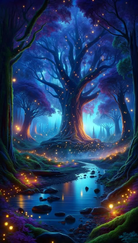 A lock screen wallpaper that captures the ethereal beauty of an enchanted forest at dusk. Towering trees with intertwined branches are aglow with a bioluminescent light, while fireflies create a constellation of stars near the forest floor. The gentle stream reflects the otherworldly glow, enhancing the dreamlike quality of this mystical woodland scene. Enchanted Tree, Dreamy Artwork, Witchy Wallpaper, Forest Illustration, Mystical Forest, Forest Painting, Ancient Tree, Forest Wallpaper, Fantasy Paintings