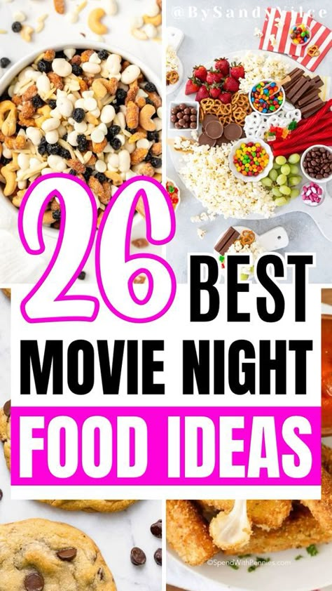 26 movie night snacks for a fun and tasty movie night experience. Best Movie Snacks Night, Backyard Movie Night Ideas Birthday, Themed Movie Night Ideas Food, Ladies Movie Night Ideas, Movie Night Snacks For Kids, Girls Movie Night Ideas, Movie Night Ideas Kids, Themed Movie Nights For Kids, Kid Movie Night Snacks