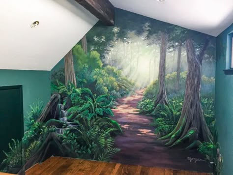 Forest Workout Room Mural - Morgan Mural Studios Magical Forest Wall Mural, Fairy Forest Wall Mural, Mural Wall Art Forest, Landscape Mural Ideas, Forest Wall Murals, Wall Mural Nature, Fantasy Wall Murals Painted, Enchanted Forest Mural Painting, Living Room Murals Ideas