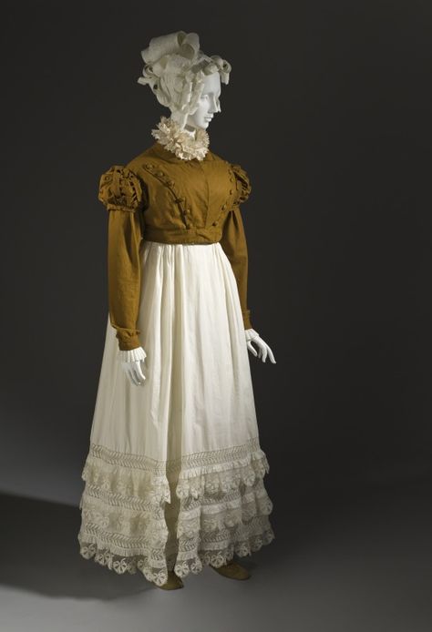 Cotton spencer jacket with cotton and linen net skirt, French c1815. LACMA Edwardian Wedding Dress, 1820 Fashion, Fashion History Timeline, Walking Dress, Spencer Jacket, Regency Gown, Regency Era Fashion, 1800s Fashion, Regency Dress