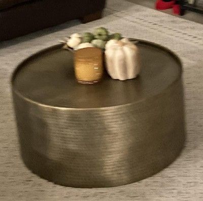 Drum Coffee Table Living Room, Hammered Coffee Table, Coffee Table Brass, Drum Coffee Table, Outdoor Patio Space, How Do You Clean, Project 62, Brass Coffee Table, Beautiful Coffee