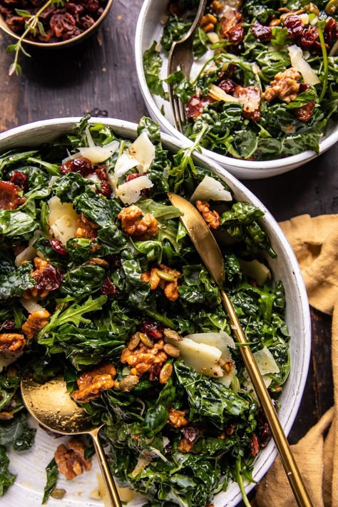 Kale Bacon Salad with Maple Candied Walnuts | halfbakedharvest.com Kale Salad Aesthetic, Bacon Kale, Yum Salad, Half Baked Harvest Recipes, Winter Salad Recipes, Holiday Salads, Bacon Brussel Sprouts, Thanksgiving 2022, Bacon Salad