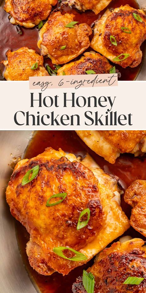 Crispy, perfectly tender, and swaddled in the most delicious hot honey sauce, this skillet chicken dinner recipe is simple but unbelievably good! My family could eat this every night, it’s just that delicious… and oh so quick and easy to make! Mikes Hot Honey Chicken Recipes, Hot Honey Grilled Chicken, Honey Sauce For Chicken, Skillet Chicken Dinner, Honey Grilled Chicken, Hot Honey Sauce, Spicy Honey Chicken, Hot Honey Recipe, Honey Chicken Recipe