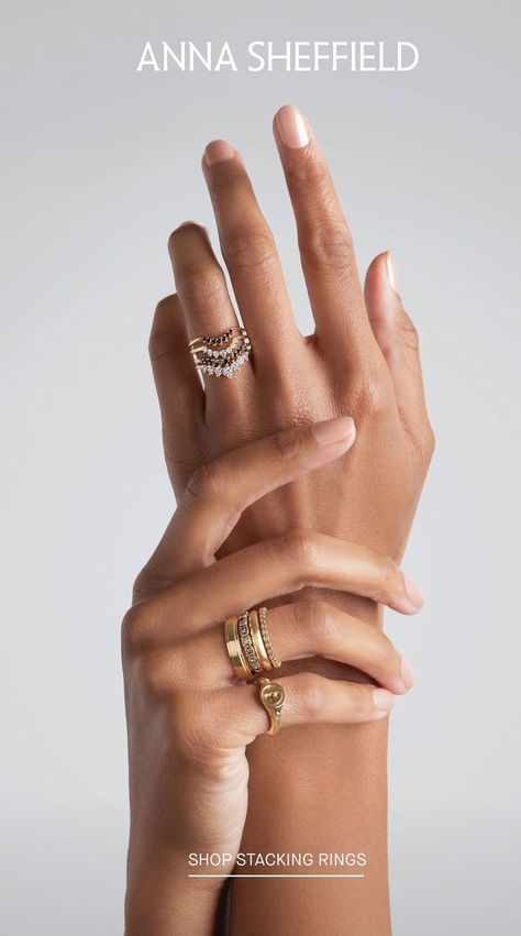 two hands with stacks of diamond rings and gold rings Fine Jewelry Photography, Ring Combinations, Ring Photoshoot, Snap Photography, Anna Sheffield, Ring Photography, Jewellery Photography Inspiration, Jewelry Product Shots, Creative Jewelry Photography