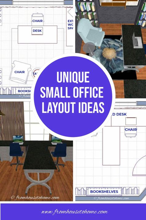 unique small office layout ideas L Desk Office Layout Small Spaces, Desk In Middle Of Room Home Offices, Small Home Office L Shaped Desk Layout, Small Office Ideas Layout, Home Office Desk In Front Of Window Work Spaces, Home Office Rectangle Room, 3 Person Office Layout Desks, 5 Person Office Layout, 10x6 Office Layout