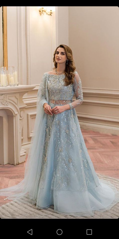 Ice Blue Gown, Net Gown Designs, Baju Kahwin, Party Wear Gowns, Desi Wedding Dresses, Latest Bridal Dresses, Pakistani Fancy Dresses, Beautiful Pakistani Dresses, Salwar Kamiz