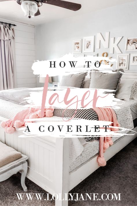 How to layer a coverlet, bed making tips! Coverlets help to dress a bed in style. You can use a coverlet to add extra warmth under a comforter or alone with a sheet during warmer weather. Learn how to style it like a boss. #coverlet #howtostyleabed #howtolayeracoverlet #howtodressupyourbed #howtomakeyourbedpretty #bedmaking Layer A Bed Like A Designer, Style A Bed Inspiration, How To Style Your Bed, How To Dress A Bed Like A Designer, Bed Making Ideas Style, Farmhouse Master Bedding, Bedding Layering Ideas, Making A Bed Like A Designer, Making Bed Ideas