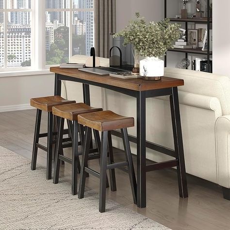 Amazon.com - Lexicon Bar Table Set for 3, Small Kitchen Table Set Kitchen Island Table with 3 Saddle Bar Stools, 4 Piece Dining Table Set for Breakfast Nook, Living Room, Apartment, Pub Height, Black - Table & Chair Sets Small Apartment Kitchen Table, Nook Living Room, Small Kitchen Set, Bar Table Design, Living Dining Room Ideas, Chairs For Kitchen Island, Small Kitchen Table, Small Kitchen Table Sets, Breakfast Bar Table