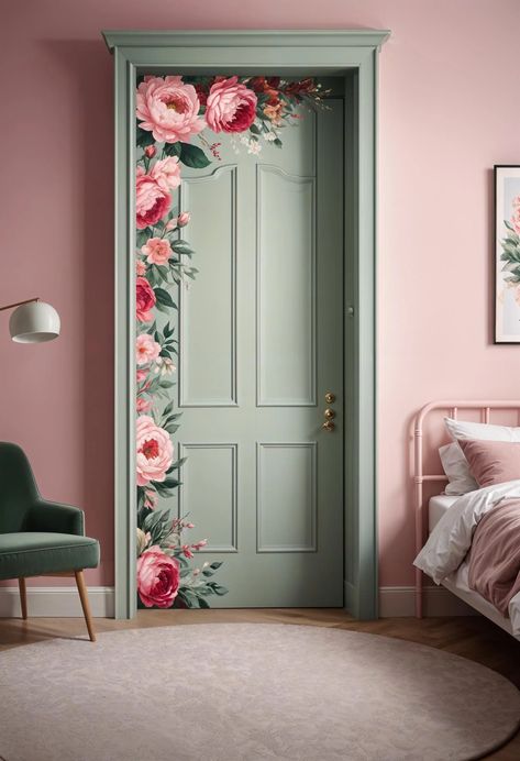 31 Chic Sage Green and Pink Bedroom Inspirations 37 Door Art Bedroom, Sage Green And Pink Bedroom, Pink Bedroom Inspirations, Green And Pink Bedroom, Painted Bedroom Doors, Sage Green And Pink, Pink Bedrooms, Interior Painting, Dream House Rooms