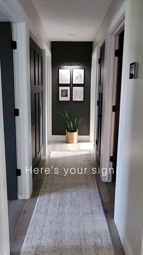 RACHEL | Home Styling & DIY Design | When we replaced and painted the doors and wall at the end of our hallway, it changed the #asthetic of our home so much. Even if your doors… | Instagram Entry Way Renovation, Black Interior Hall Doors, Dark Wall End Of Hallway, Black Hallway Decor, Black Entryway Door, Dark Door Hallway, How To Make A Short Hallway Look Longer, Room Hallway Ideas, Painting A Hallway Ideas