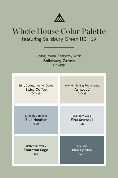 Bring the outdoors in with a nature-forward whole house color palette built around Benjamin Moore's Salisbury Green HC-139, a muted blue-green with prominent gray tones. Get started with color samples now online or at your locally owned store. Sage And Blue Palette, Benjamin Moore Wythe Blue Coordinating Colors, Waterbury Green Benjamin Moore, Green With Blue Undertone Paint, Blue And Green Coordinating Paint Colors, Sage Green House Color Palette, Whole House Color Palette Green, Blue Green Home Color Scheme, Sage And Gray Color Palette