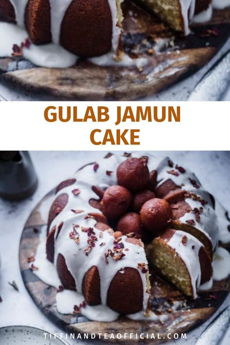 Gulab Jamun Bundt Cake on board Easy International Desserts, Indian Cake Recipe, Gulab Jamun Cake, Lemon Pistachio Cake, Easy Indian Sweet Recipes, Eid Recipes, Cardamom Cake, International Desserts, Eid Food