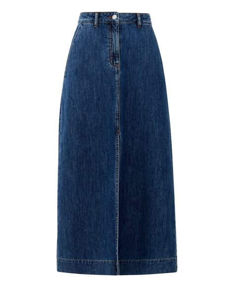 90s Fashion Denim Skirt, Long Skirts Denim, Long Jean Skirt Outfits, Retro Outfits 90s, Blue Long Skirt, Long Jeans Skirt, Deck Shoes Men, Dark Blue Skirt, Soft Classic Style