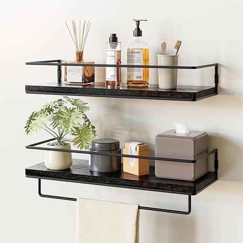 Amazon.com: ZGO Floating Shelves for Wall Set of 2, Wall Mounted Storage Shelves with Black Metal Frame and Towel Rack for Bathroom, Bedroom, Living Room, Kitchen, Office (Black) : Home & Kitchen Bathroom Decor Storage, Wood Wall Shelves, Pine Wood Walls, Wall Mounted Storage Shelves, Rustic Wall Shelves, Bathroom Shelf Decor, Shelves For Wall, Wall Mounted Bookshelves, Rustic Floating Shelves